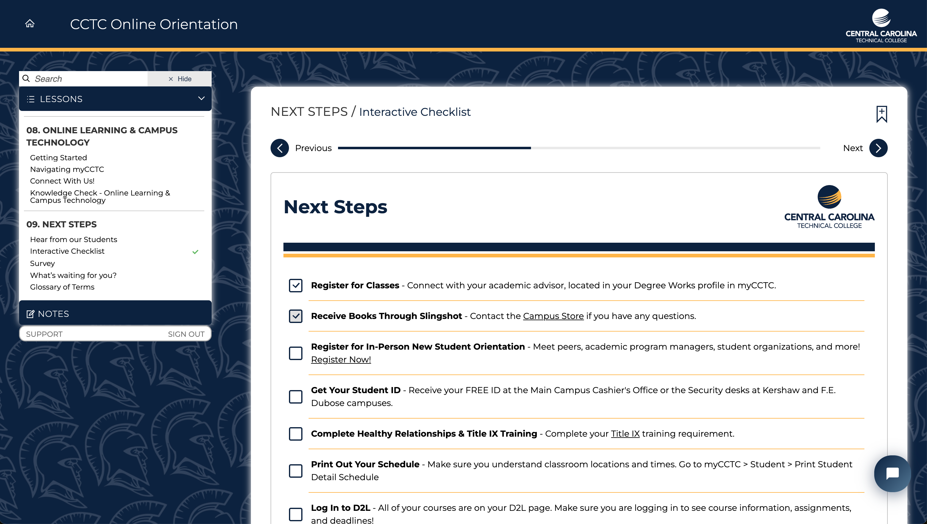 Central Carolina Technical College dashboard example