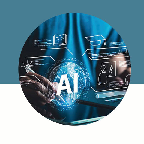 Circular graphic with AI-related symbols and text on a blue and white background
