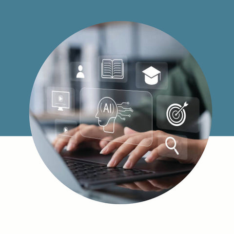 Person using a laptop with digital icons overlay on a blue background