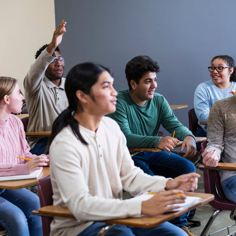 Group of students in a classroom setting with one student raising their hand.