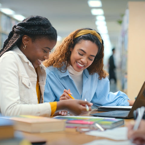two females sitting at a desk and working together on a project