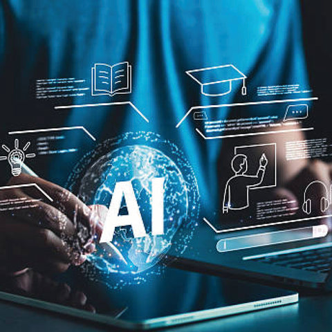 A glowing digital globe with "AI" text surrounded by floating education icons above a laptop in a dark blue setting.