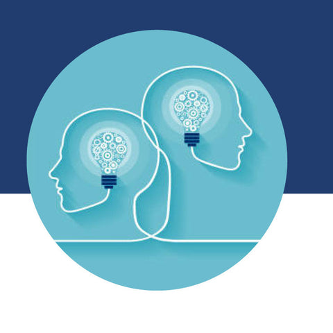 Illustration of two head silhouettes with gears and a lightbulb inside, connected by a line.