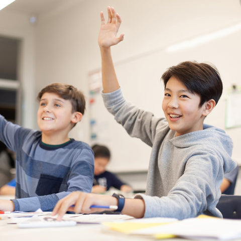 Two students raising their hands in a classroom setting