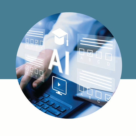 Circular overlay with AI-related graphics on a blue and white background