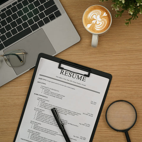 Resume on a clipboard with a laptop, coffee, and magnifying glass on a wooden desk.