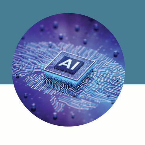 Glowing blue circuit board with an AI chip in the center on a blue and white background.