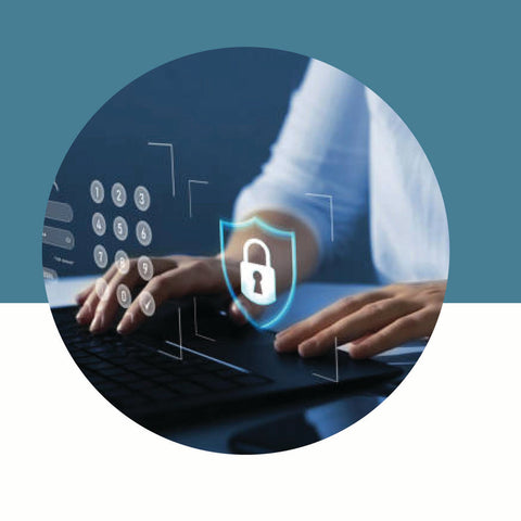 Hands typing on a keyboard with a glowing security shield and keypad overlay on a teal and white background.