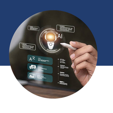 A hand touching a glowing AI icon on a screen, surrounded by text panels and translation and image icons.