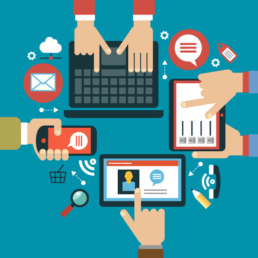 Hands holding tablets and laptops displaying various technology icons, symbolizing digital connectivity and innovation.