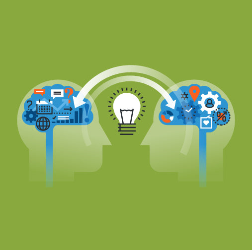 two heads facing each other with a lightbulb between icon