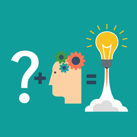 Illustration of critical thinking process with a question mark, a head with gears, and a light bulb representing a new idea.