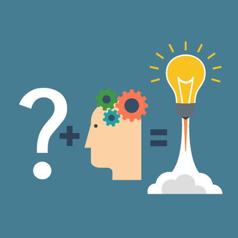 Illustration of critical thinking process with a question mark, a head with gears, and a light bulb representing a new idea.