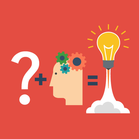 question mark plus critical thinking cogs equals lightbulb ideas icon