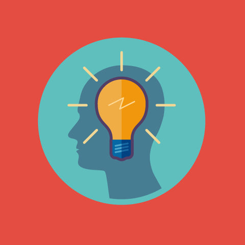 Critical thinking icon. Image of lightbulb and profile of a person..