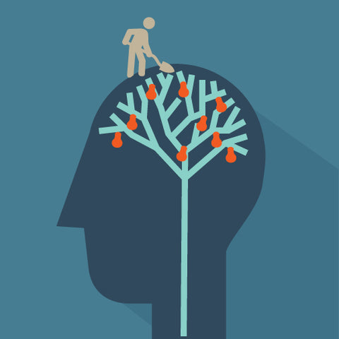Illustration of a person tending to a branching tree with light bulbs inside a silhouette of a head, representing a growth mindset.