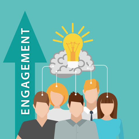 Group of students with a thought cloud and light bulb. An arrow pointing up reads "Engagement".
