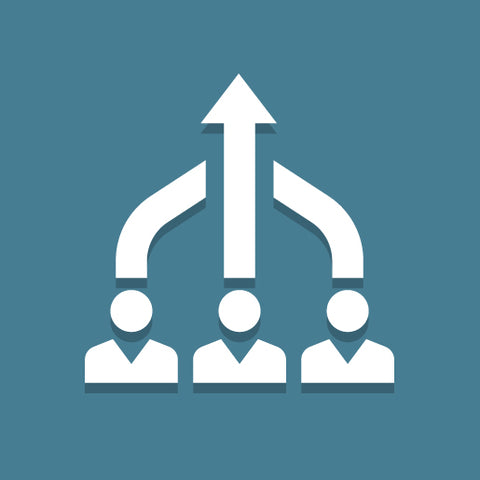 Three human icons with arrows converging above them into a single upward-pointing arrow, symbolizing collaboration or unified direction.