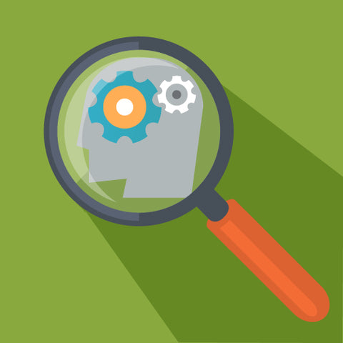 head with cogs under magnifying glass icon