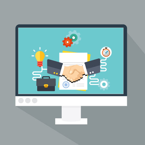 Image of computer and two hands shaking.