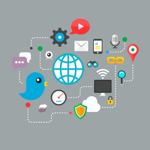 Social media icons connected to technology.