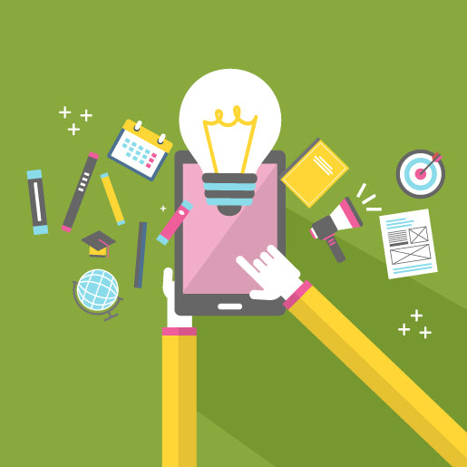 A tablet being held up with a glowing light bulb above it, surrounded by various educational tools like a globe, target, calendar, books, and pencils.