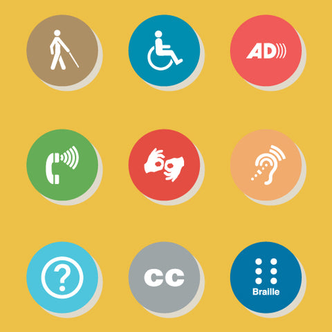 Various colored circles with accessibility symbols on a yellow background.