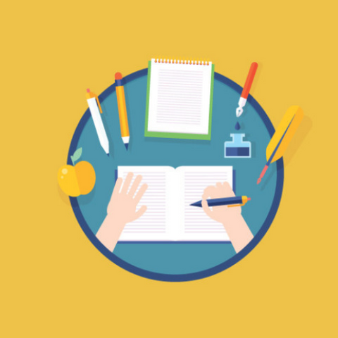 inside a blue circle is a hand writing notes surrounded by pens, paper and an apple