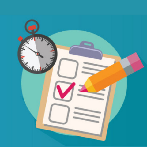 Clipboard with a three check boxes. The middle checkbox has a red check mark. A pencil is to the right of the checkmark and a timer is at the top left of the clipboard.