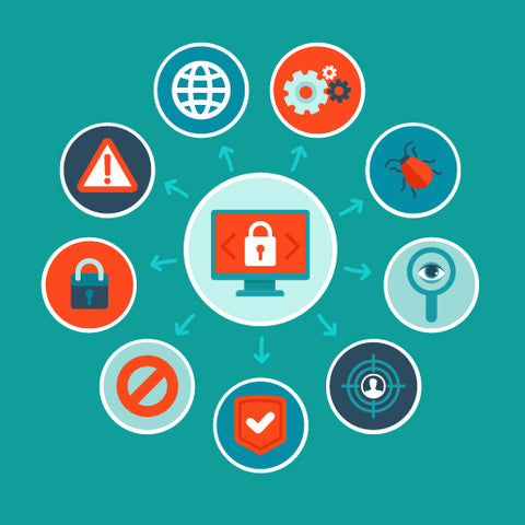 Illustration of a computer in the center with a lock on the screen, surrounded by various icons including a lock, warning sign, gear, and shield