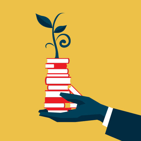 hand holding a pile of books with plant growing out of the stack of books icon