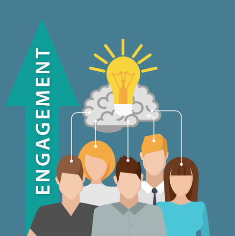 Illustration of people connected to a light bulb with an upward arrow labeled 'Engagement'