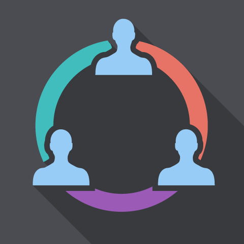 Three people connected by a circle in black background.