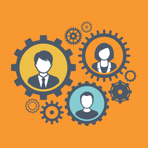 People in gears creating a partnership in orange background.
