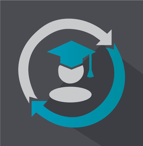 Figure with graduation cap encircled by two arrows