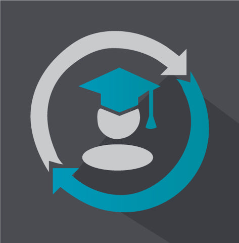 human head with graduation cap inside an arrow circle shape