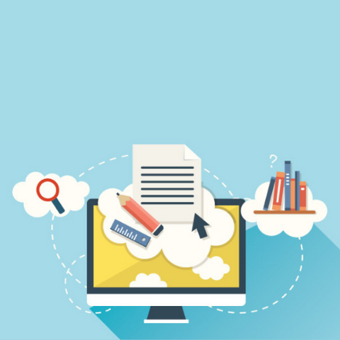 Computer monitor with learning concepts such as books, looking glass and writing papers.