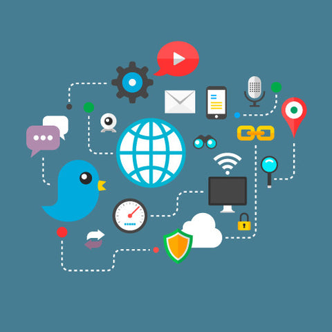 Thumbs up symbol surrounded by various social media icons, messages, and interaction symbols