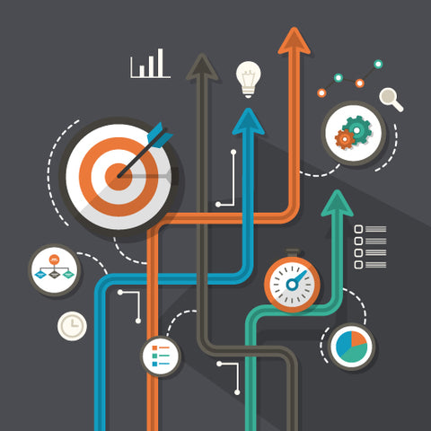 Strategy planning icons in a black background.