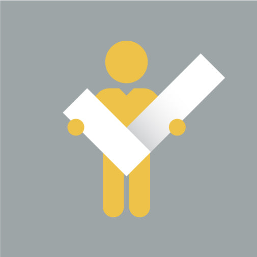 Person holding a checkmark in grey background.