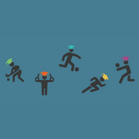 five human icons with graduation caps playing sports.