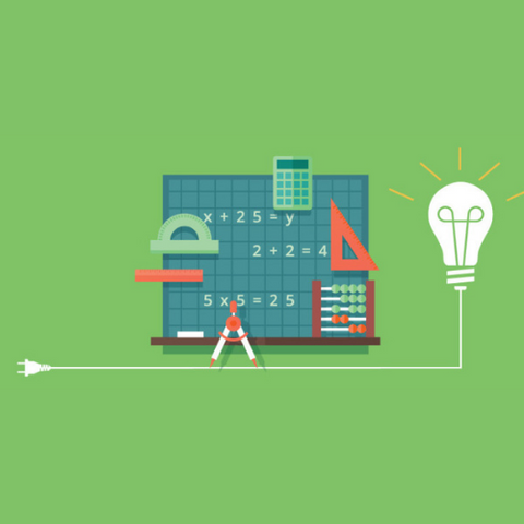 board with math examples, protractor, calculator, ruler, abacus and compass.