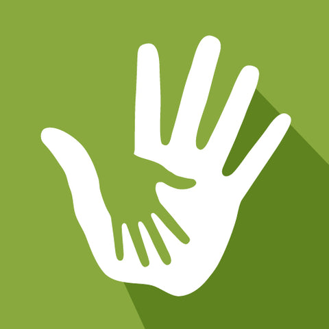 small green hand resting on top of large white hand icon