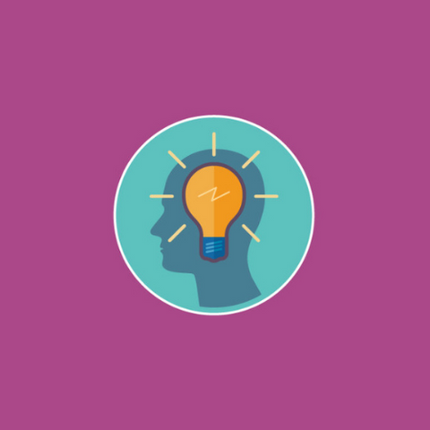 blue human head with orange light bulb inside a blue circle on a purple background.