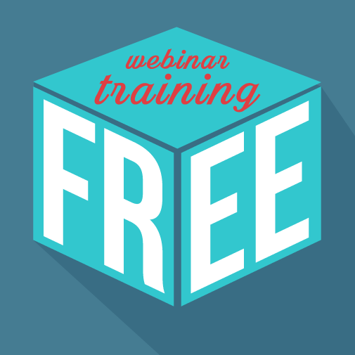 Teal cube with 'webinar training FREE' text on a blue background
