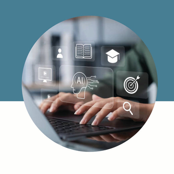 Person using a laptop with digital icons overlay on a blue background