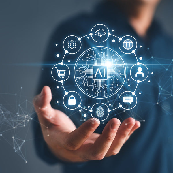 Hand holding a digital AI icon with network connections on a dark background