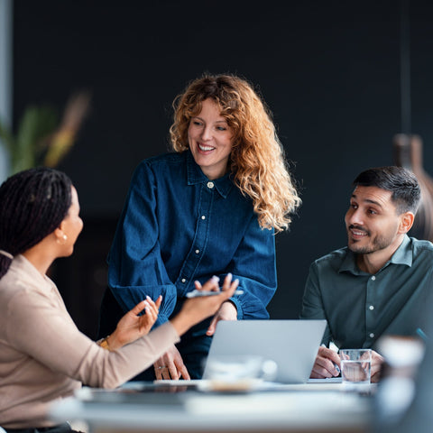 Group of people in a meeting around a table with a laptop.