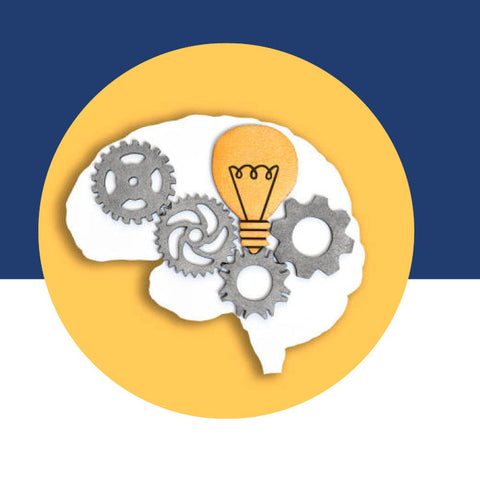 Illustration of a brain made of gears and a glowing lightbulb.