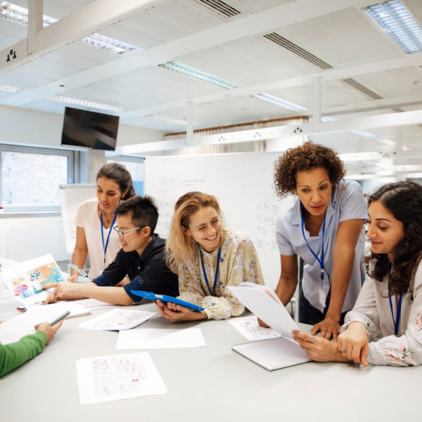 Group of people in a office setting, working together on a project.